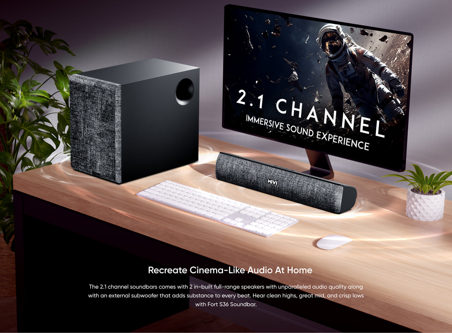 Recreate Cinema-like Audio At Home
The 2.1 channel soundbars comes with 2 in-built full-range speakers with unparalleled audio quality along with an external subwoofer that adds substance to every beat. Hear clean highs, great mid, and crisp lows with Fort S36 Soundbar.