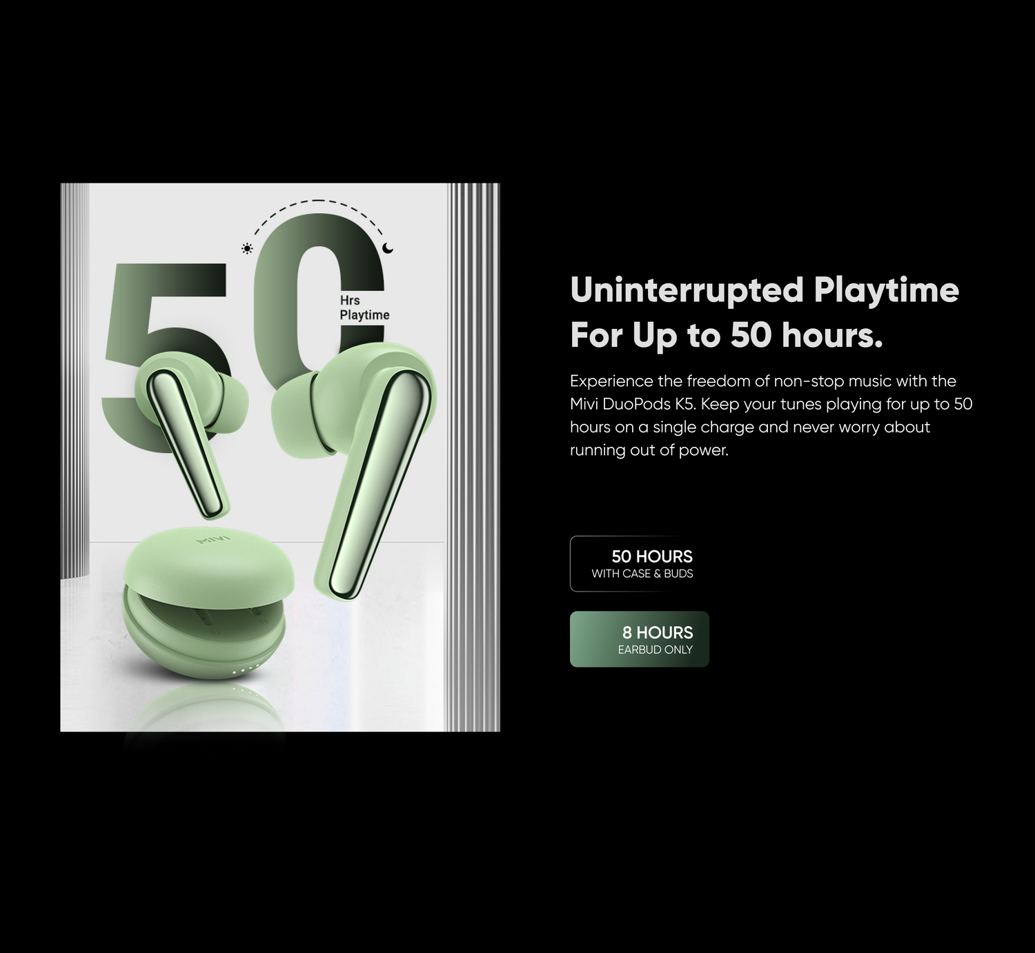 Uninterrupted Playtime For Up to 50 hours.
Experience the freedom of non-stop music with the Mivi DuoPods K5. Keep your tunes playing for up to 50 hours on a single charge and never worry about running out of power. 50 HOURS WITH CASE & BUDS 8 HOURS EARBUD ONLY