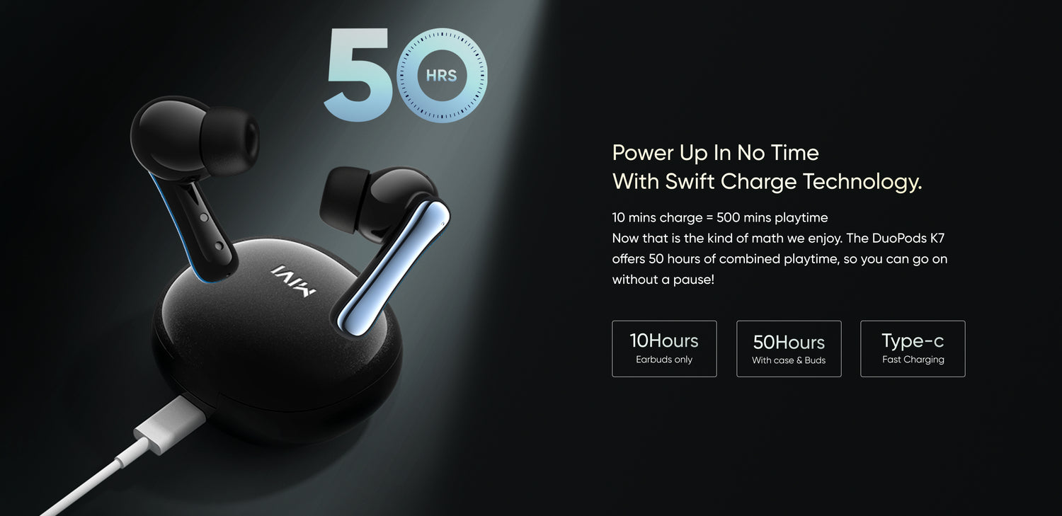 Power up in no time with swift charge technology - 10 mins charge = 500 mins playtime Now that is the kind of math we enjoy. The DuoPods K7 offers 50 hours of combined playtime, so you can go on without a pause!, 10Hours, Earbuds only
50Hours, With case & Buds
Type-c, Fast Charging
