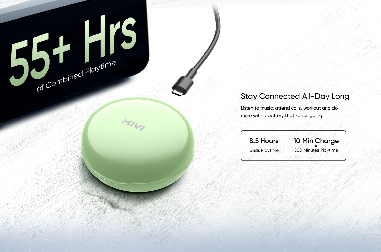 Stay Connected All-Day Long
Listen to music, attend calls, workout and do more with a battery that keeps going.
8.5 Hours Buds Playtime, 10 Min Charge = 500 Minutes Playtime