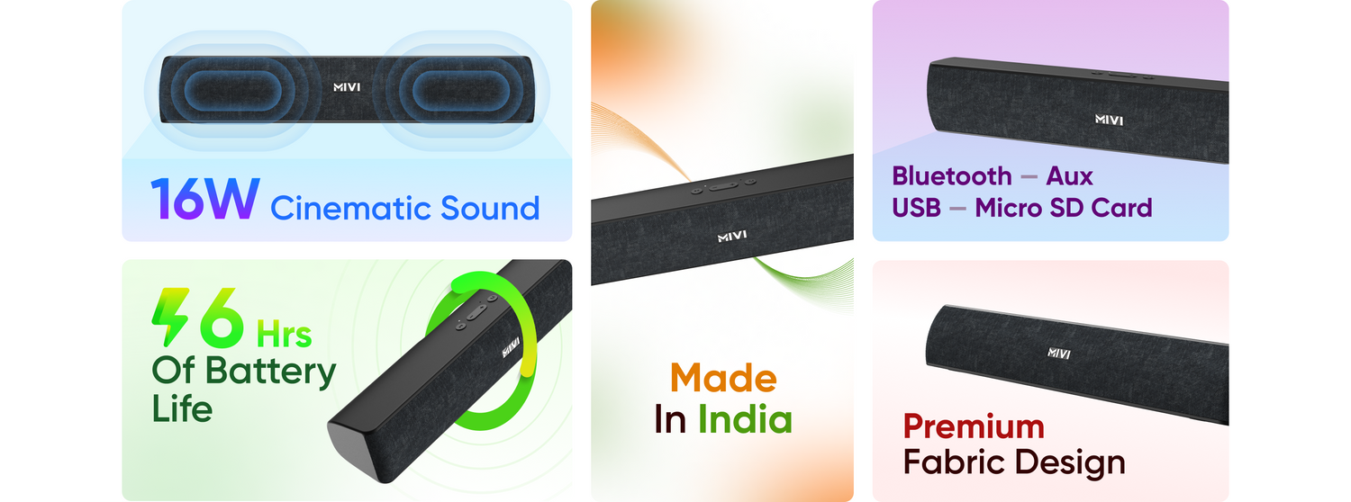 16W Cinematic Sound Of Battery Life9 MadeIn India Bluetooth Aux USB Micro SD Card Premium Fabric Design