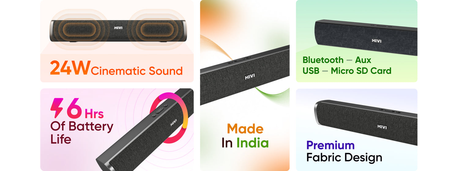 24W cinematic sound ,6 hours of battery life ,made in India ,bluetooth-AUX USB - micro SD card ,premium fabric design